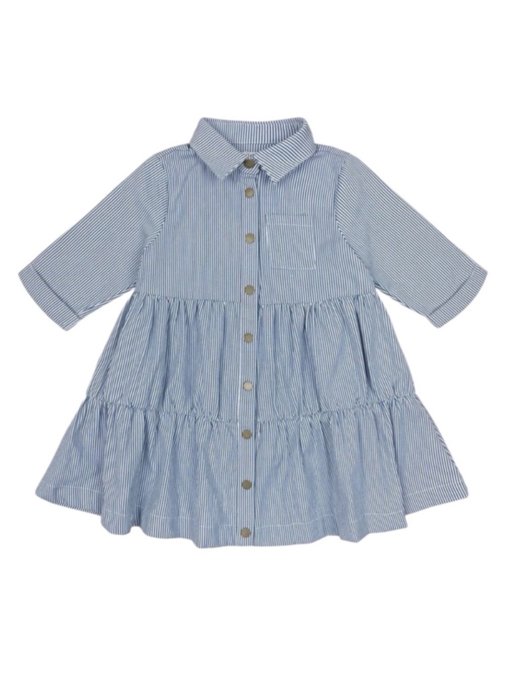 Teela Denim Pinstripe Tiered Dress Girls Sz 12 Button Down Collared Knee Length